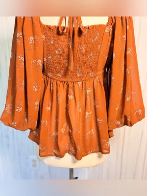 EASEL 3/4-Balloon Sleeve Floral Babydoll Style Blouse, Medium, Amber Cottagecore thumbnail 9