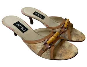 VANELI Tan/Beige Floral Canvas/Leather Slides Mules Heels Shoes - Size 8.5 Slim thumbnail 1