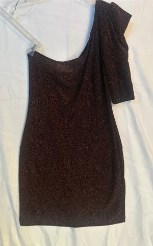 Plus size Mystic One-Shoulder Metallic Bronze Brown Mini Dress 2X thumbnail 1