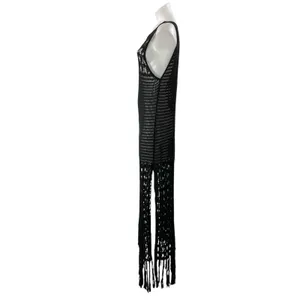 Zara Women's Black Sleeveless Open Knit Crochet Fringed Tasseled Maxi Dress Sz M thumbnail 2