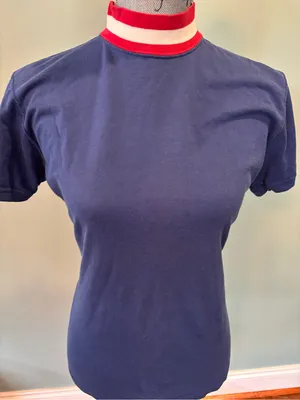 Vintage Lauren Ralph Lauren Royal Blue Tee with Red & White Striped Mock Neck thumbnail 1