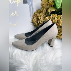 Stuart Weitzman Casual Beige Textured Block Heel Pumps Pointed Toe Women's Shoes thumbnail 9
