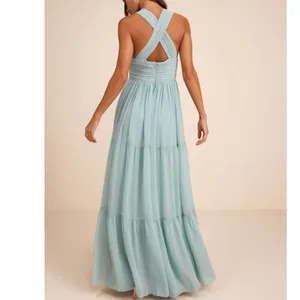 NEW Lulus Leora Light Blue Plunging Chiffon Pleated Tiered Maxi Dress Small thumbnail 3