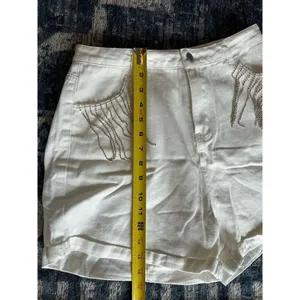 Cloud Ten White Denim Rhinestone Fringe Cuffed High Waisted Shorts Large NEW thumbnail 7