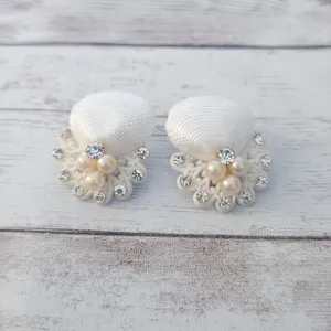 Vintage Clip On Earrings Shell with Faux Pearl & Clear Gems thumbnail 2