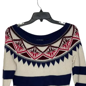 American Eagle‎ Sweater Dress Size Medium Navy Cream Striped With Nordic Pattern thumbnail 2