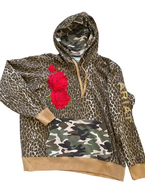 Ariat x Rodeo Quincy Hoodie XL Leopard Print Camo & Embroidered Rose Logo Sleeve thumbnail 3