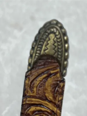 Hand-Tooled Brown Leather Western-Style Belt w/Antique Brass Buckle s/m thumbnail 5