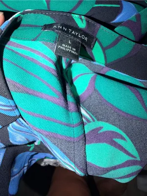 Ann Taylor Black Floral Keyhole Blouse with Blue & Green Motif thumbnail 2