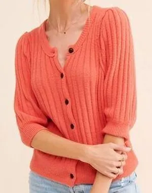 Free People Sloane Women's Coral Ribbed‎ Puff Sleeve Cropped Cardigan Top thumbnail 1