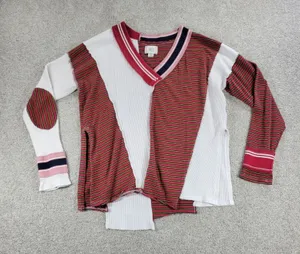 BDG UO Frazier Sweater M White Red Stripe Asymmetric Patch Waffle Knit Acadamia thumbnail 1