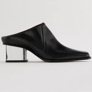 Zara square toe‎ block heel mules black leather size 36 thumbnail 2