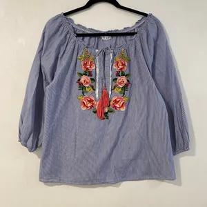 THML Medium Blue Stripe Floral Embroidered Boho Peasant Blouse thumbnail 2