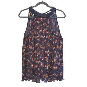 Entro Halter Blouse Navy Blue Floral‎ Pleated Boho Sleeveless Women Large thumbnail 2