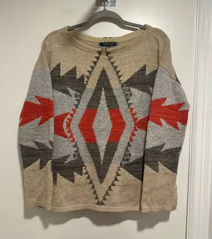 Lauren Ralph Lauren Wool Blend Sz:M Southwestern Aztec Beige Gray Red Sweater. thumbnail 1