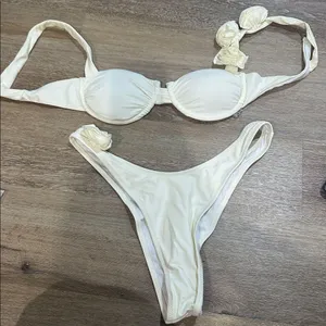 Cream Bikini Set with Floral Accents high cut cheeky bottoms - underwire thumbnail 1