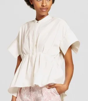 1X Plus Size Victoria Beckham White Poplin Gathered Waist Top Minimalist Blouse thumbnail 1
