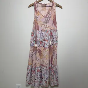 Entro Women Dress Medium Pink Paisley Floral Tiered Midi Flowy Boho Patchwork thumbnail 2