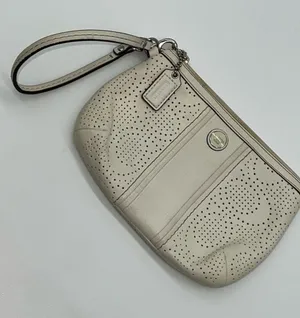 COACH Off White Leather Perforated C Logo Zippered Wristlet w/Cream Lining thumbnail 1