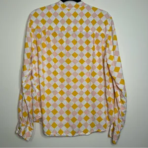 Piyama Checkered Pajama Shirt M Pink‎ Yellow White Button Down 100% Rayon Bali thumbnail 5