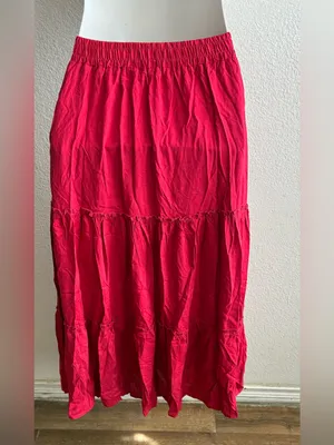 Tiered Pockets Solid Red Color High Waist Flowy Boho Mid Skirt M thumbnail 4