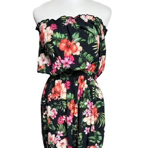 Bar III Black Tropical Floral Strapless Split Leg Jumpsuit Medium thumbnail 4