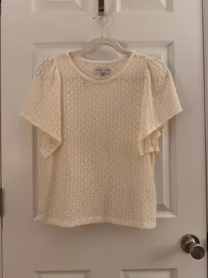 Madewell Texture & Thread Cream Eyelet Flutter Sleeve Top Small thumbnail 3