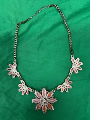 Silver Tone Statement Necklace w/ Orange Flower Rhinestone Pendant Box Chain thumbnail 4