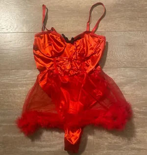Little red riding Devil lace up corset bodysuit sheer feather skirt bra lingerie set S NEW thumbnail 1