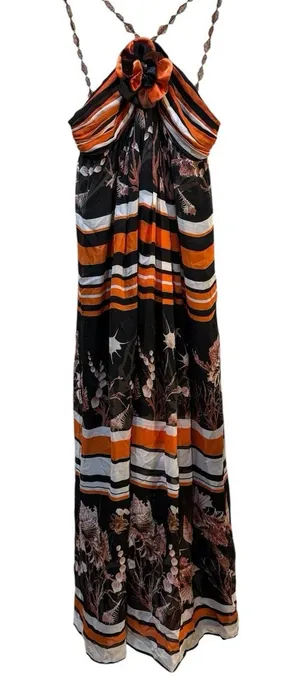 bdba Silk Maxi Dress Size Small Resort Ocean Beaded Straps Stripped 3D Halter‎ thumbnail 1