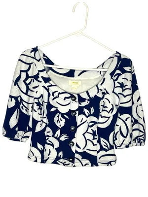 Anthropologie Mauve Amiens Floral White / Navy Puff Sleeve Top thumbnail 10