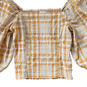 Like New Anthropologie Maeve Square Neck Puff Sleeve Seersucker Plaid Top Medium thumbnail 5