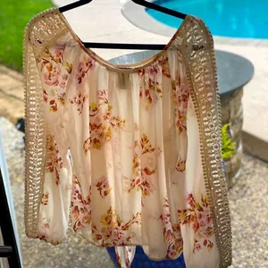 AMERICAN RAG CIE Semi Sheer Floral Chiffon Tie-Front Keyhole Lace Sleeve Blouse thumbnail 2