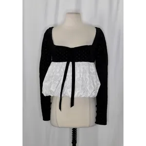 NWT!! FOR LOVE AND LEMONS‎ Elisa Long Sleeve Top Black Velvet Taffeta Eyelet XS thumbnail 2