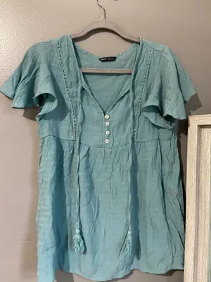 SHEIN blue babydoll blouse with ruffles and tassels thumbnail 1