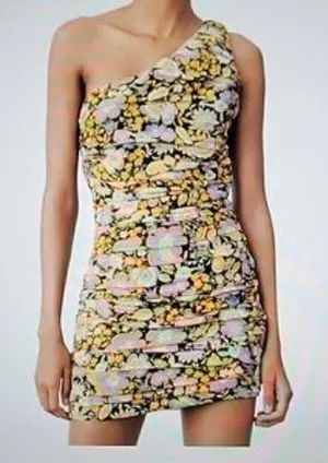 NEW‎ Zara Floral Ruched One Shoulder Mini Dress thumbnail 1