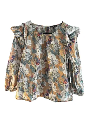 Anthropologie Skies Are Blue Floral Ruffle Shoulder Blouse Balloon Sleeve Medium thumbnail 2