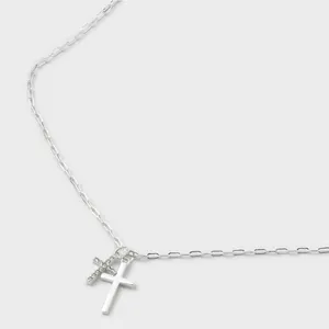 Blessed by your faith Silver Plated Cubic Zirconia Double Cross Necklace 16-19in thumbnail 7