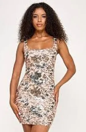 Seni & Cade Womens Dress M Pink Floral Sequin Square Neck Bodycon Mini Dress thumbnail 1