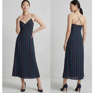 Madewell The Layton Midi Slip Dress‎ Navy Blue Green Gold Striped 10 Slip Dress thumbnail 2