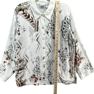 Chicos Shirt‎ Womens US L 2 White Black Floral Linen Shacket Art To Wear Blouse thumbnail 6