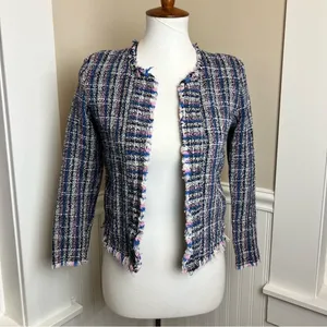 IRO Paris Multi Color Tweed Fringe Collarless Zip Pocket Jacket Blue Pink 36 4 thumbnail 2