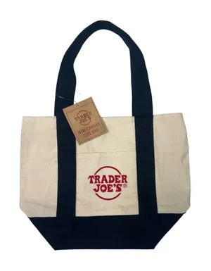 Trader Joes Mini Canvas Tote Bag Cream Blue Logo Embroidered Reusable Grocery thumbnail 1