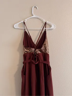 the clothing company Burgundy Jumpsuit with Rose Gold Sequin Bodice thumbnail 4