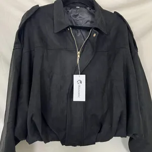 NWT Kissonic Faux Suede Bomber Jacket Oversized Long Sleeve Cropped Coat S thumbnail 4