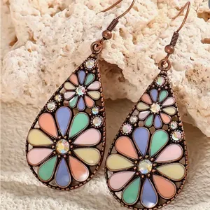 Handmade Floral Teardrop Earrings with‎ Multicolor Enamel thumbnail 2