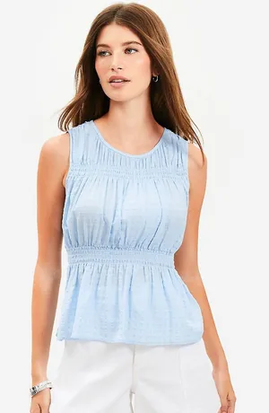 NWT Loft Blue Plaid Smocked Peplum Top thumbnail 1