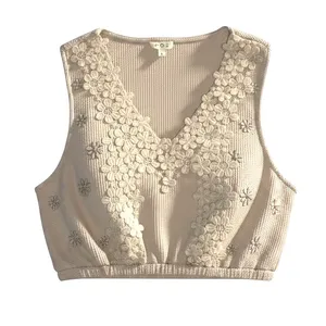 POL Women's Beige Waffle Knit Floral Embroidered Cropped Vest thumbnail 9