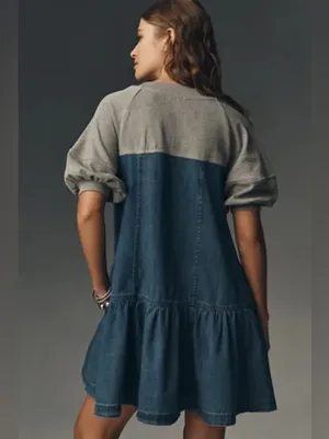 NWT Anthropologie Pilcro Denim Sweatshirt Twofer Swing Oversized Dress ~ Small thumbnail 4