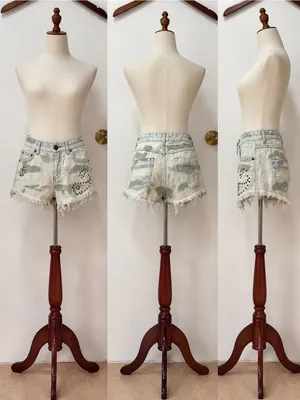 Free People |EUC 100% Cotton Boho Olive Camo Studded Distressed Denim Shorts (27 thumbnail 3